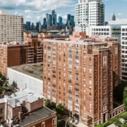 Aerial view of Hoboken, NJ with New York City skyline backdrop