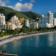 View of Santa Marta, Colombia coast backdropped by rolling hills